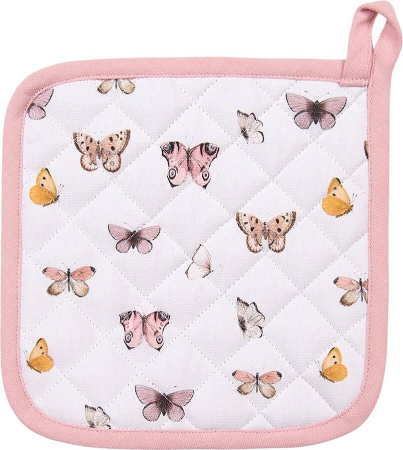 Clayre & Eef Pannenlap 20x20 cm Beige Roze Katoen Vlinders Afgiet Pannenlap Beige Afgiet Pannenlap