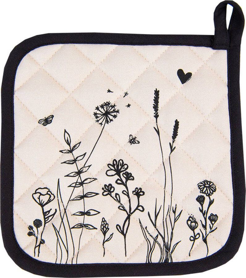 Clayre & Eef Pannenlap 20x20 cm Beige Zwart Katoen Bloemen Afgiet Pannenlap Beige Afgiet Pannenlap