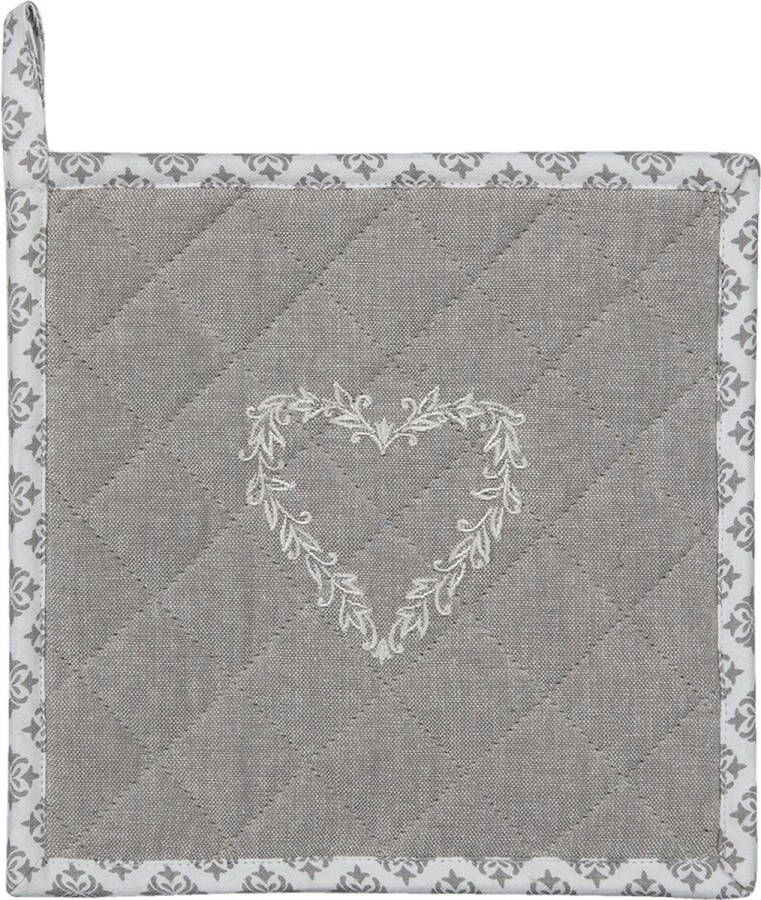 Clayre & Eef Pannenlap 20x20 cm Grijs Wit Katoen Vierkant Harten Ruiten Afgiet Pannenlap Grijs Afgiet Pannenlap