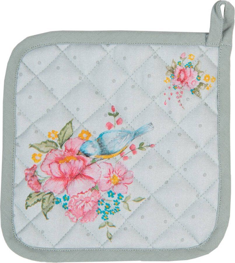 Clayre & Eef Pannenlap 20x20 cm Groen Katoen Bloemen Afgiet Pannenlap Groen Afgiet Pannenlap