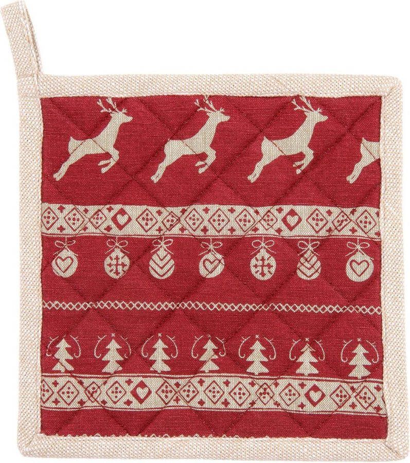 Clayre & Eef Pannenlap 20x20 cm Rood Beige Katoen Vierkant Kerst Afgiet Pannenlap
