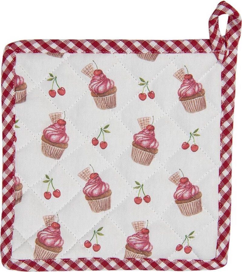 Clayre & Eef Pannenlap 20x20 cm Rood Wit Katoen Vierkant Cupcakes Afgiet Pannenlap Afgiethulp Pannenlap