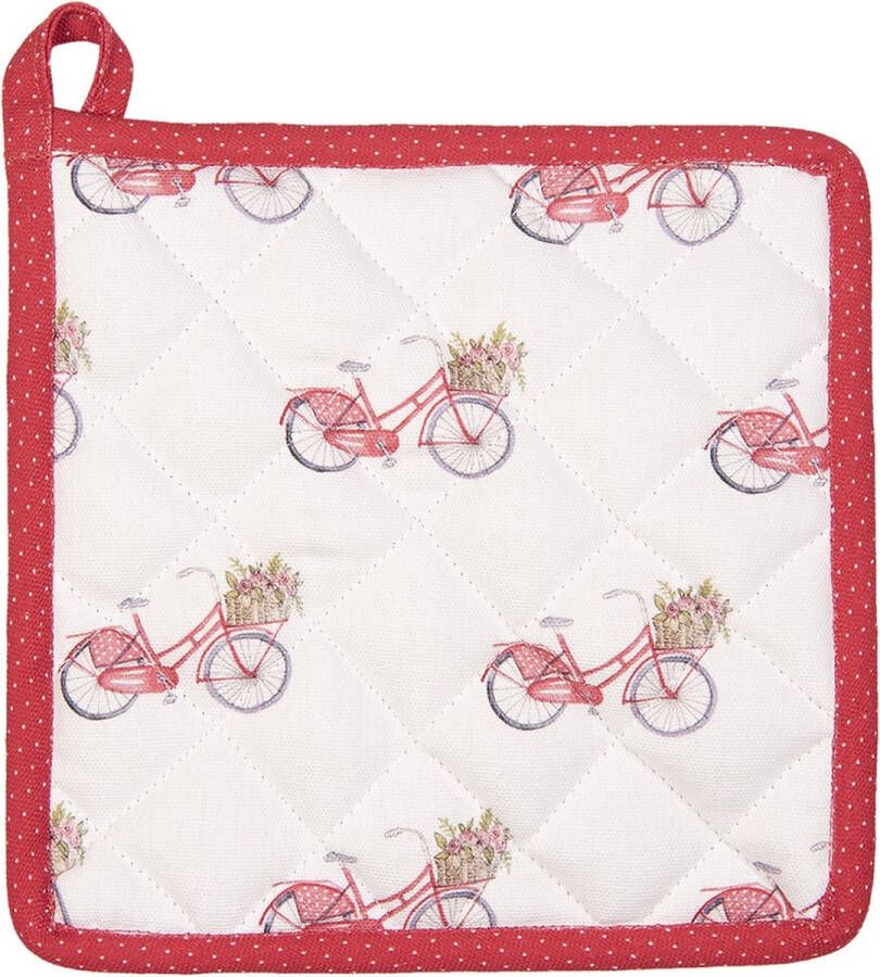 Clayre & Eef Pannenlap 20x20 cm Rood Wit Katoen Vierkant Fiets Afgiet Pannenlap Afgiethulp Pannenlap