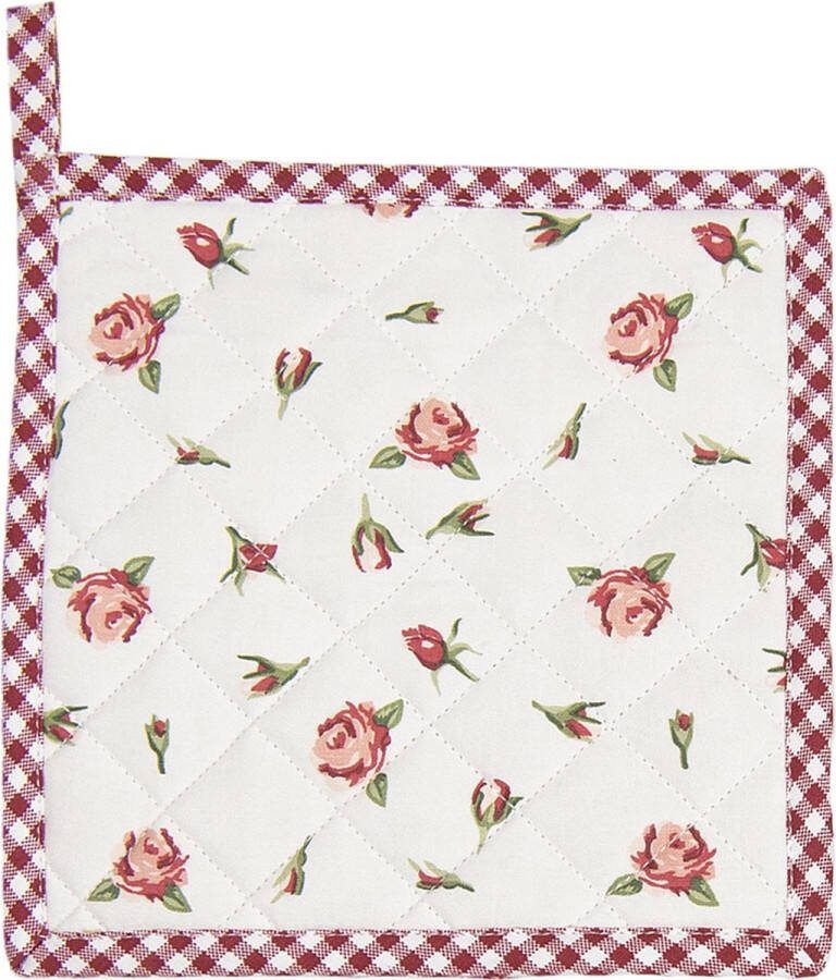 Clayre & Eef Pannenlap 20x20 cm Rood Wit Katoen Vierkant Rozen Afgiet Pannenlap