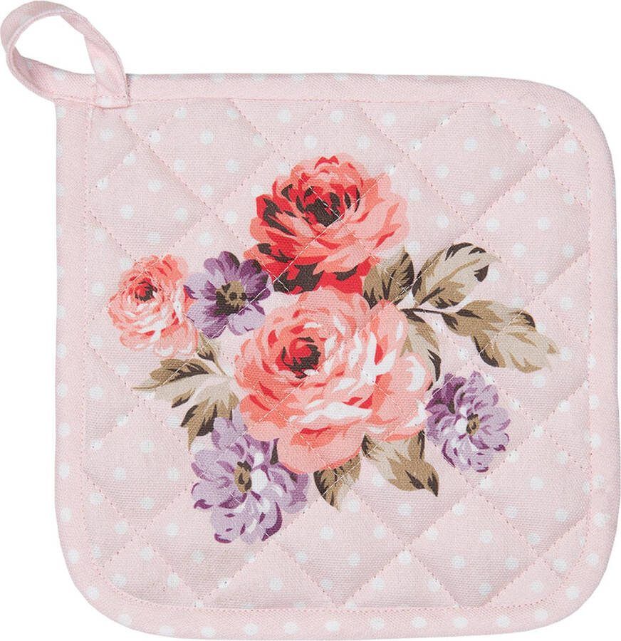 Clayre & Eef Pannenlap 20x20 cm Roze Paars Katoen Vierkant Bloemen Afgiet Pannenlap