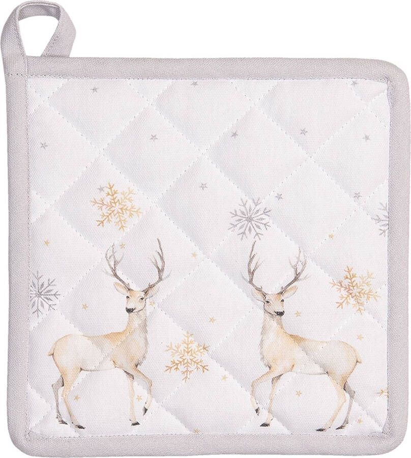 Clayre & Eef Pannenlap 20x20 cm Wit Beige Katoen Vierkant Hert Afgiet Pannenlap