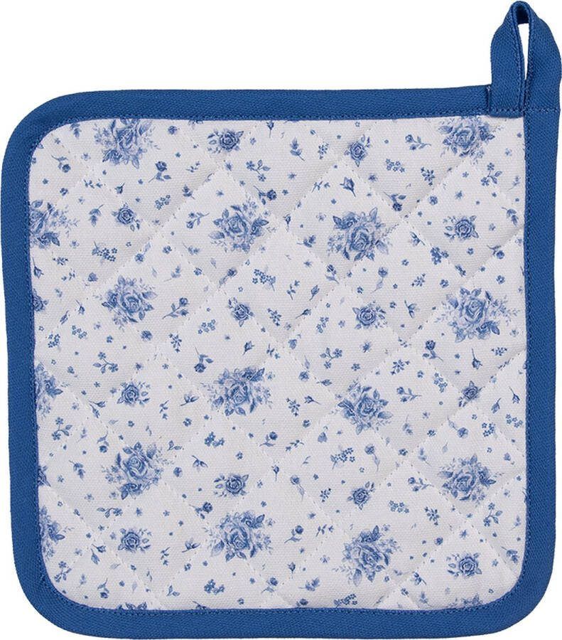 Clayre & Eef Pannenlap 20x20 cm Wit Blauw Katoen Vierkant Roosjes Blauw