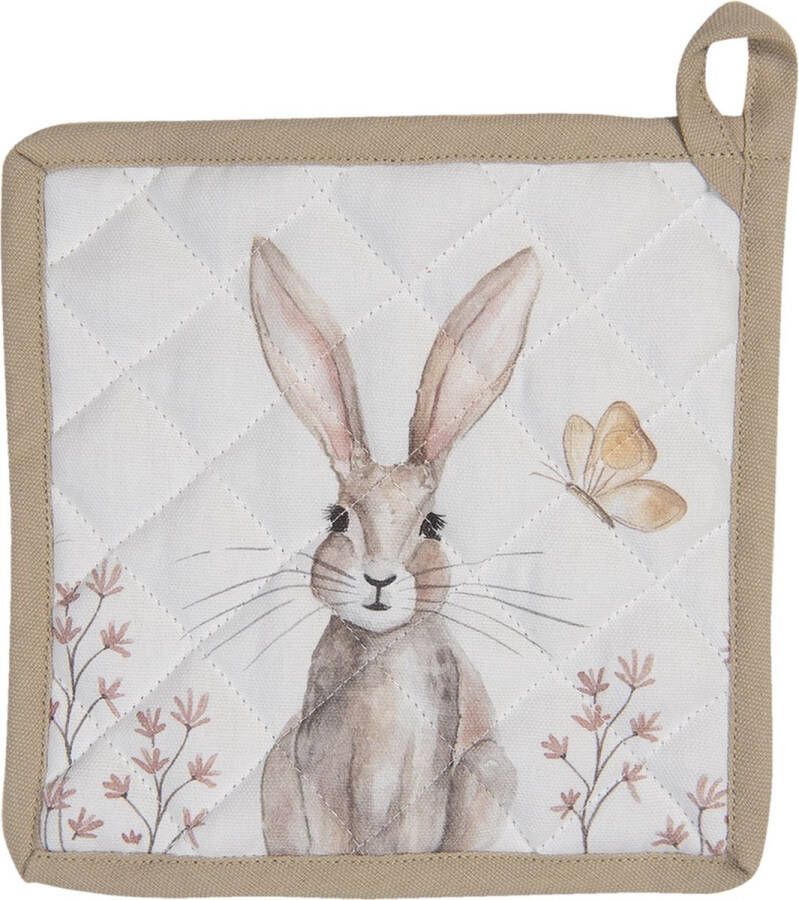Clayre & Eef Pannenlap 20x20 cm Wit Bruin Katoen Vierkant Konijn Afgiet Pannenlap
