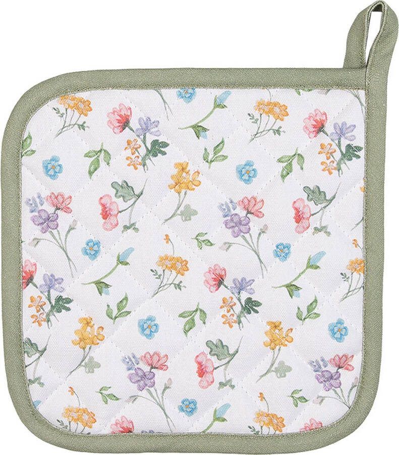 Clayre & Eef Pannenlap 20x20 cm Wit Groen Katoen Vierkant Bloemen Wit