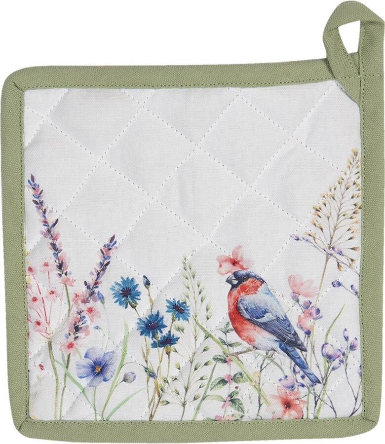 Clayre & Eef Pannenlap 20x20 cm Wit Groen Katoen Vierkant Bloemen Afgiet Pannenlap