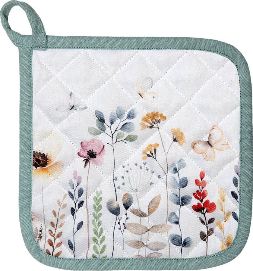 Clayre & Eef Pannenlap 20x20 cm Wit Groen Katoen Vierkant Bloemen Afgiet Pannenlap