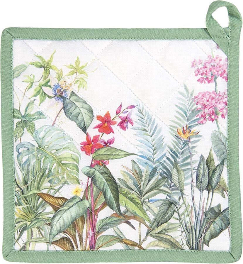 Clayre & Eef Pannenlap 20x20 cm Wit Groen Katoen Vierkant Jungle Botanics Afgiet Pannenlap Afgiethulp Pannenlap