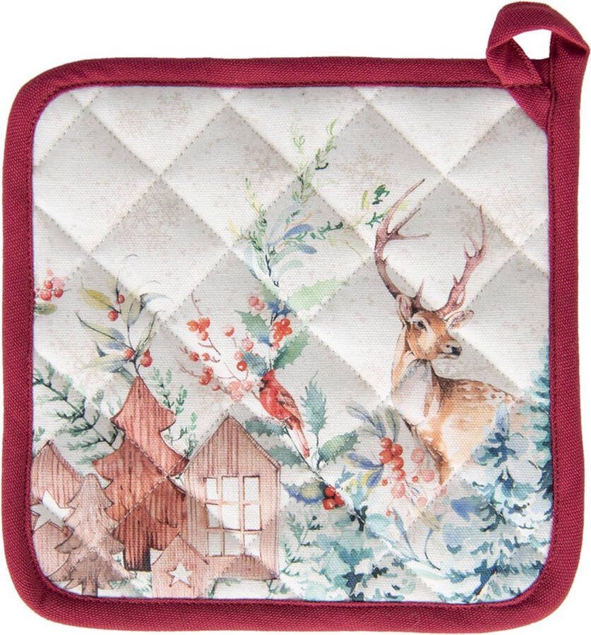 Clayre & Eef Pannenlap 20x20 cm Wit Rood Katoen Vierkant Hert Afgiet Pannenlap