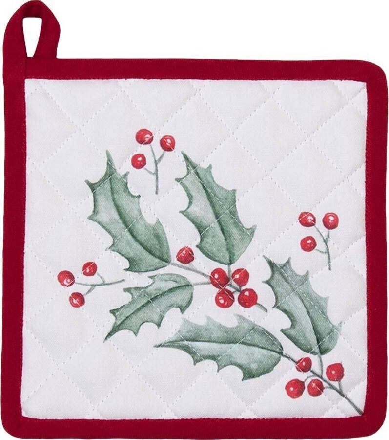 Clayre & Eef Pannenlap 20x20 cm Wit Rood Katoen Vierkant Hulstbladeren Afgiet Pannenlap
