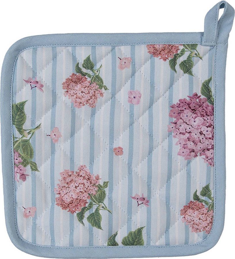 Clayre & Eef Pannenlap 20x20 cm Blauw Roze Katoen Hortensia Blauw