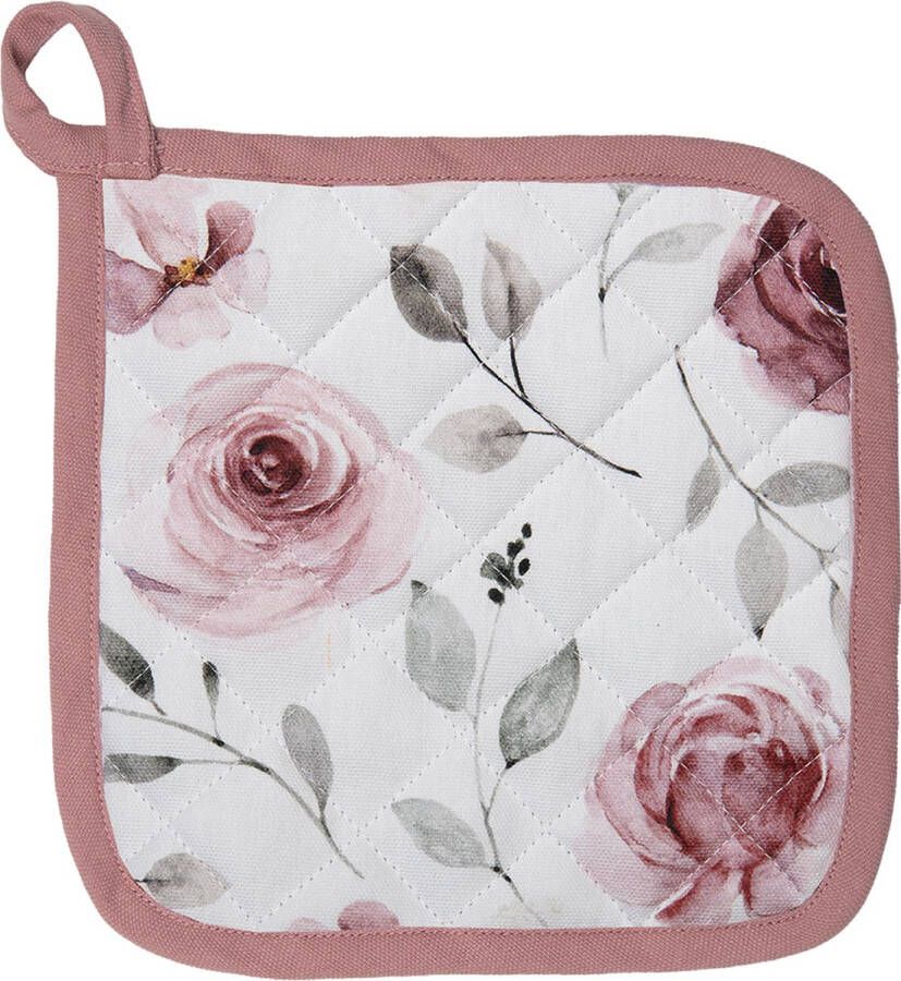 Clayre & Eef Pannenlap 20x20 cm Wit Roze Katoen Vierkant Rozen Afgiet Pannenlap