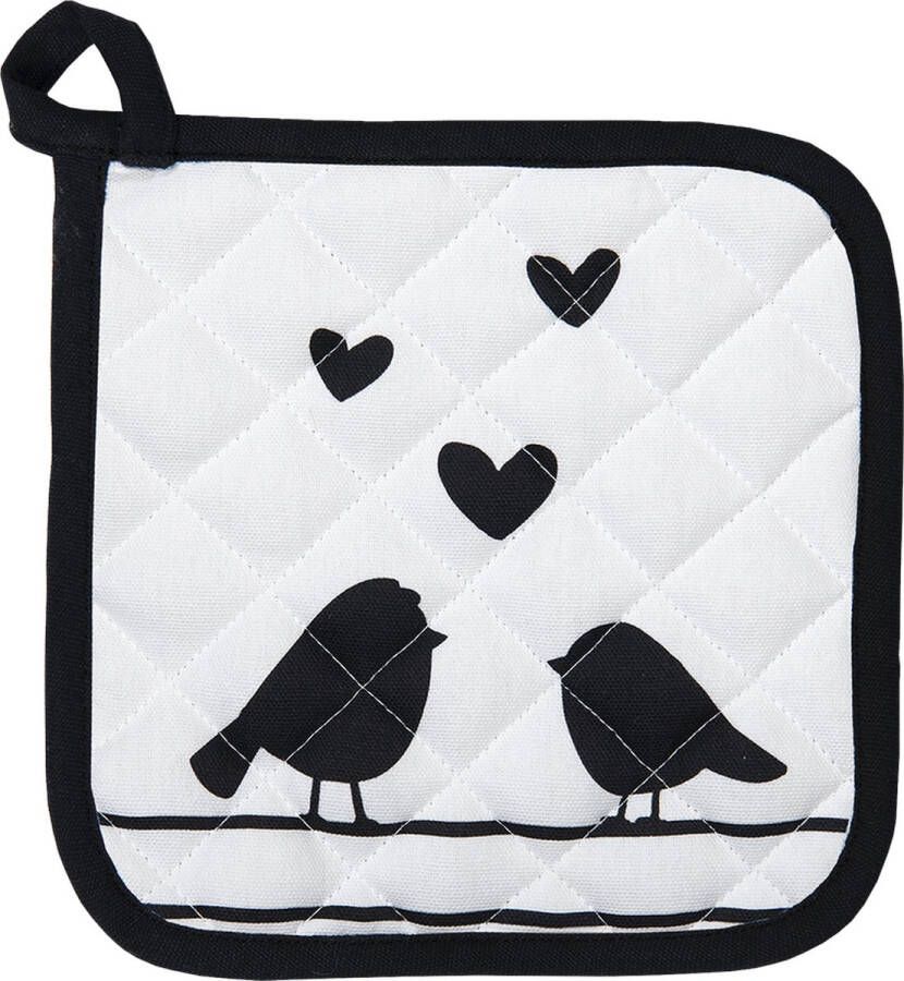 Clayre & Eef Pannenlap 20x20 cm Wit Zwart Katoen Vierkant Harten Vogels Afgiet Pannenlap