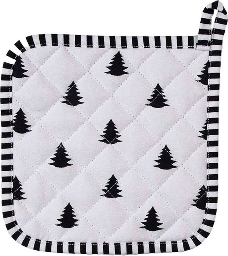 Clayre & Eef Pannenlap 20x20 cm Zwart Wit Katoen Vierkant Kerstbomen Afgiet Pannenlap Zwart Afgiet Pannenlap
