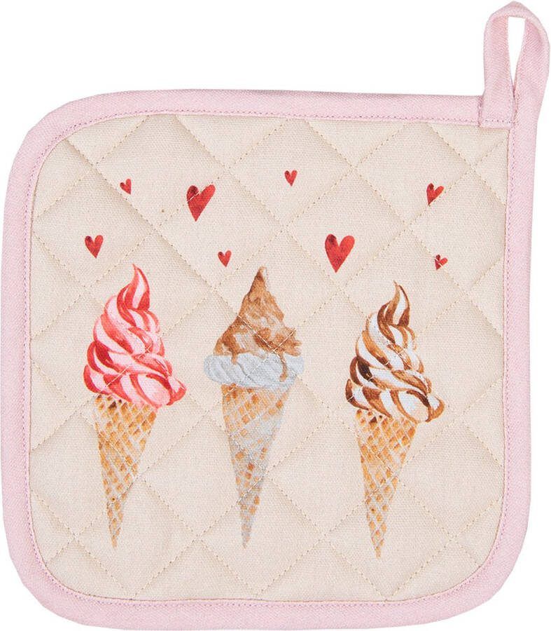 Clayre & Eef Pannenlap Kind 16x16 cm Beige Roze Katoen Vierkant Ijsjes Moeder dochter Beige Moeder dochter