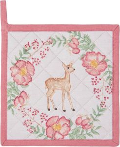 Clayre & Eef Pannenlap SWD45 20*20 cm Roze Katoen Vierkant hert en bloem Afgiet Pannenlap Afgiethulp Pannelap