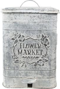 Clayre & Eef Pedaalemmer 26x26x36 cm Grijs Metaal Bloemen Flower Market Prullenbak Afvalemmer