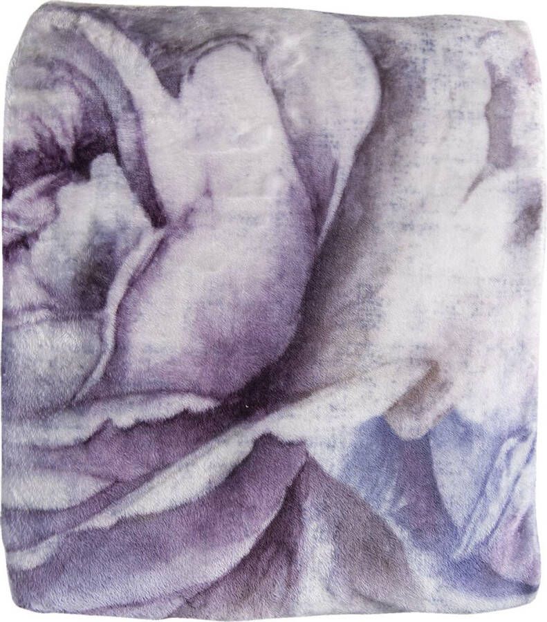 Clayre & Eef Plaid 130*180 cm Wit Paars Polyester Bloemen Rechthoek Deken Kleed Dekentje DekenKleedDekentje