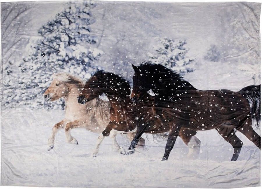 Clayre & Eef Plaid 130x170 cm Bruin Blauw Polyester Rechthoek Paarden Deken