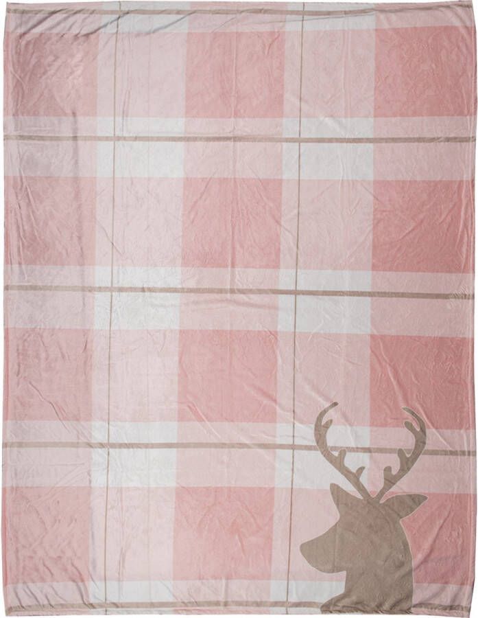 Clayre & Eef Plaid 130x170 cm Roze Wit Polyester Rendier Deken Roze Deken