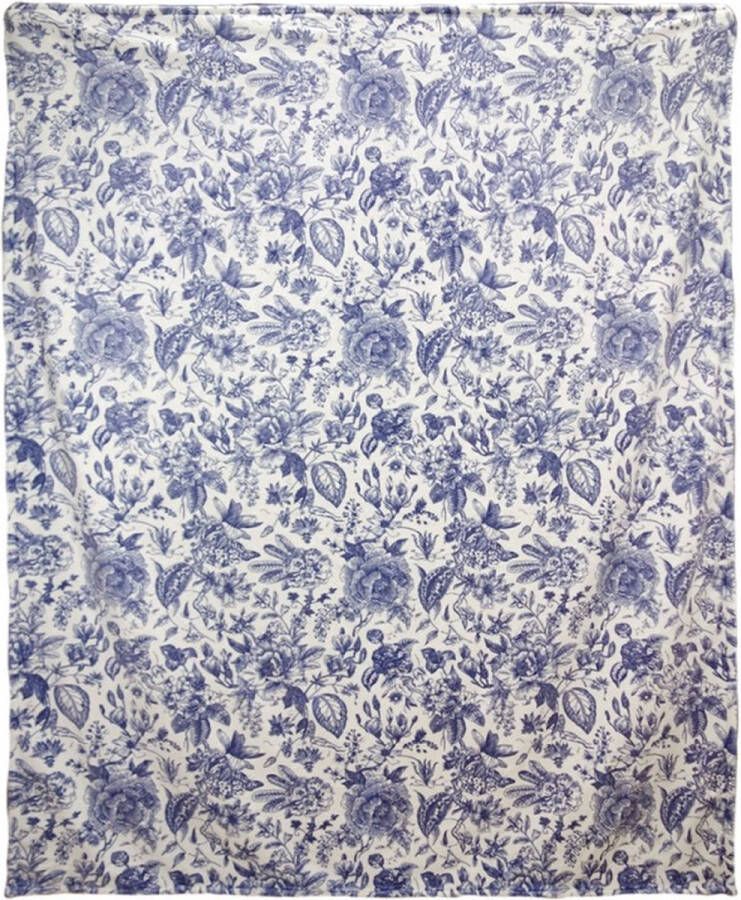 Clayre & Eef Plaid 130x170 cm Wit Blauw Polyester Rechthoek Bloemen Deken