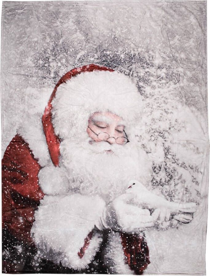 Clayre & Eef Plaid 130x170 cm Wit Grijs Polyester Kerstman Deken Wit Deken