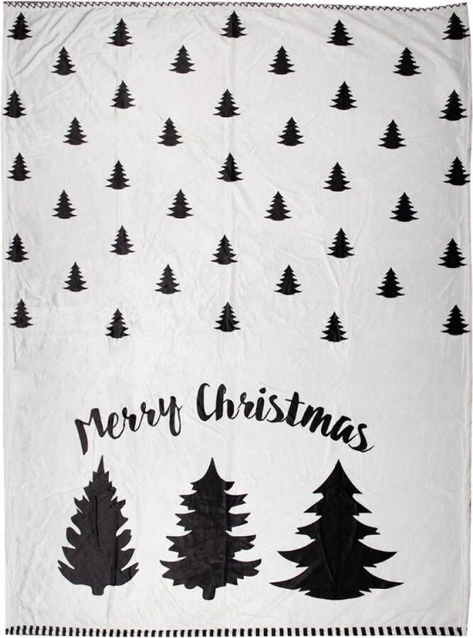 Clayre & Eef Plaid 130x170 cm Wit Zwart Polyester Kerstbomen Merry Christmas Deken