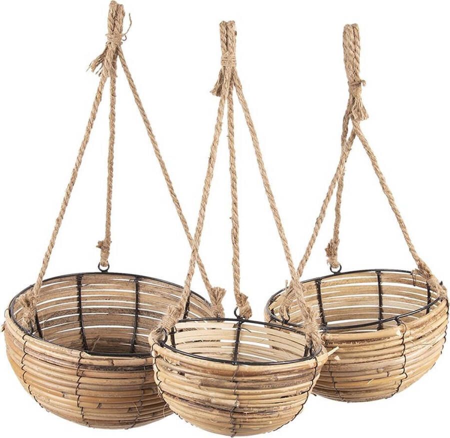 Clayre & Eef Plantenhanger Binnen Set Van 3 Ø 28*15 24*14 20*11 Cm Bruin Rotan Rond Hangpot Bruin Hangpot