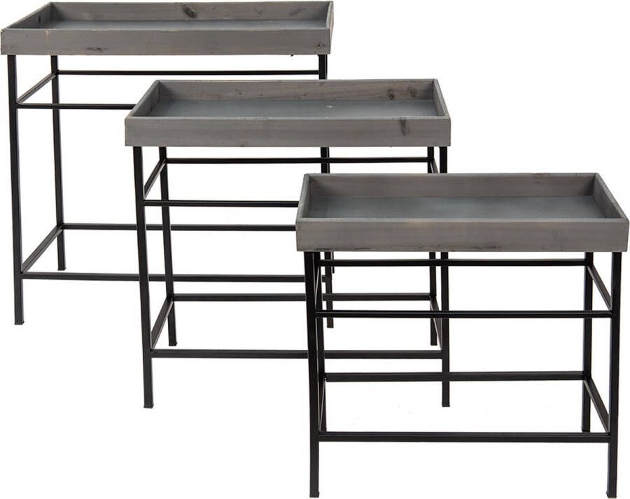 Clayre & Eef Plantenstandaard Set Van 3 Grijs Ijzer Plantentafel Grijs Plantentafel