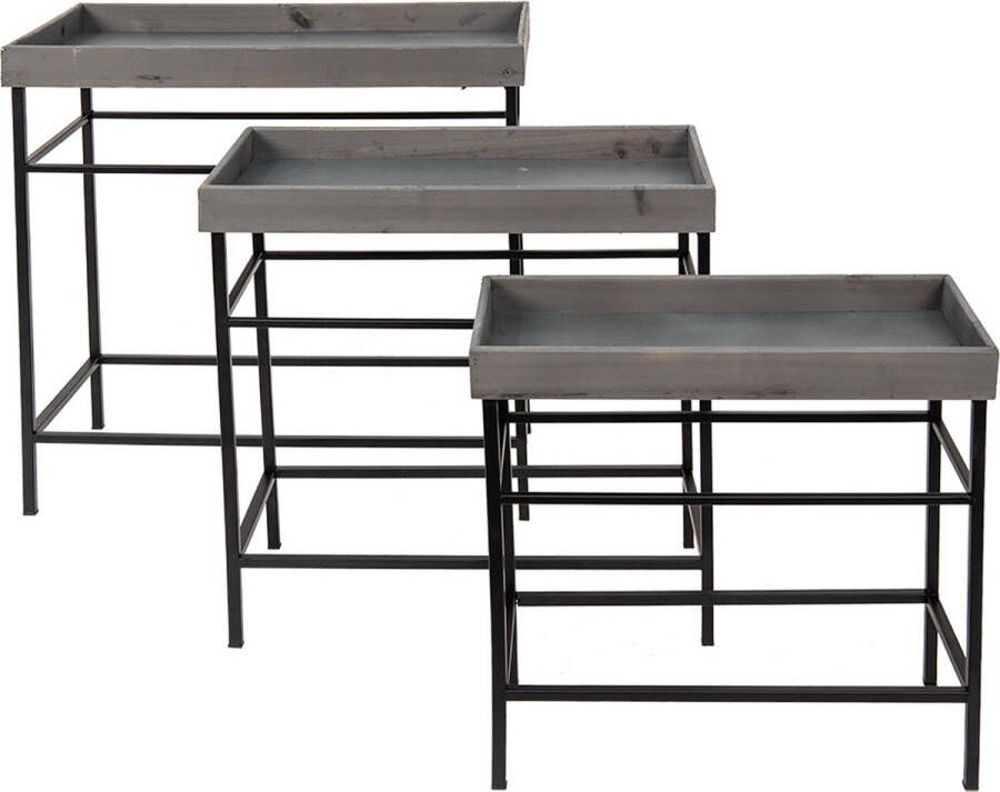 Clayre & Eef Plantenhouder Set van 3 60*32*64 52*27*56 47*22*48 cm Zwart Grijs Ijzer Plantenstandaard Plantentafel