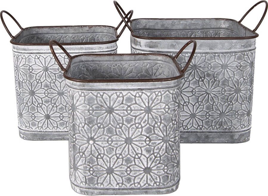 Clayre & Eef Bloempot Set van 3 20x20x24 cm Grijs Bruin Metaal Bloemen Bloempot