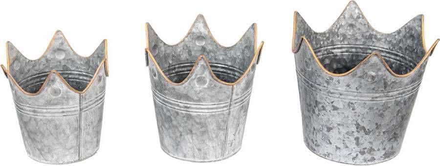 Clayre & Eef Bloempot Set Van 3 Ø 24 Ø 21 Ø 19 Cm Grijs Metaal Kroon Plantenpot Plantenhouder Decoratie Pot Grijs