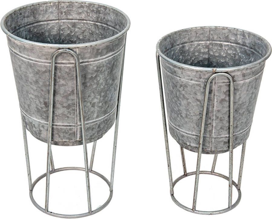 Clayre & Eef Bloempot Set Van 2 Ø 35 Ø 31 Cm Grijs Metaal Plantenstandaard Plantenpot Grijs Plantenstandaard Plantenpot