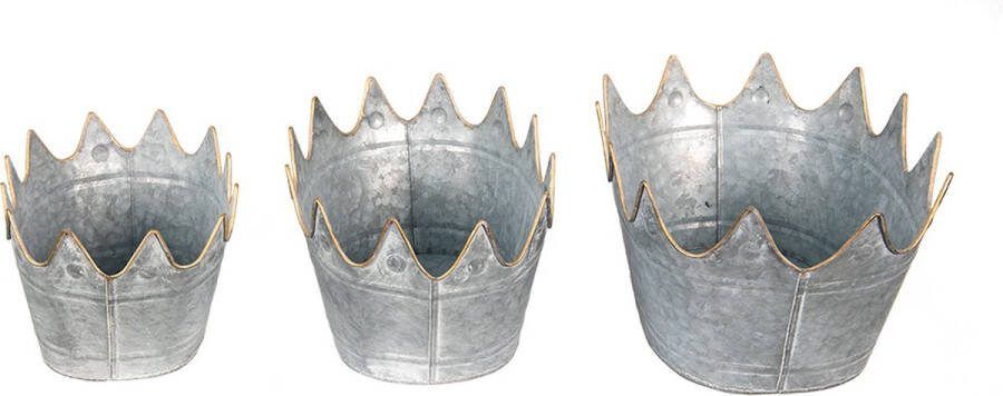 Clayre & Eef Bloempot Set Van 3 Grijs Metaal Ovaal Plantenpot Plantenhouder Decoratie Pot Grijs Plantenpot