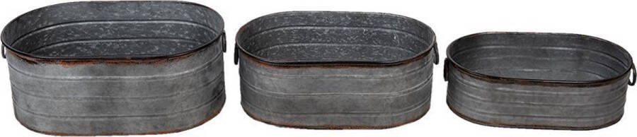 Clayre & Eef Bloempotten Set Van 3 Grijs Metaal Ovaal Plantenpot Plantenhouder Decoratie Pot Grijs Plantenpot