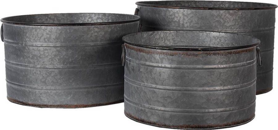 Clayre & Eef Bloempotten Set Van 3 Grijs Metaal Rond Plantenpot Plantenhouder Decoratie Pot Grijs Plantenpot