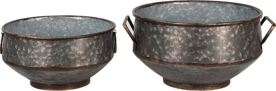 Clayre & Eef Bloempotten Set Van 2 Grijs Metaal Rond Plantenpot Decoratieve Bloempot Woonaccessoires Grijs Plantenpot