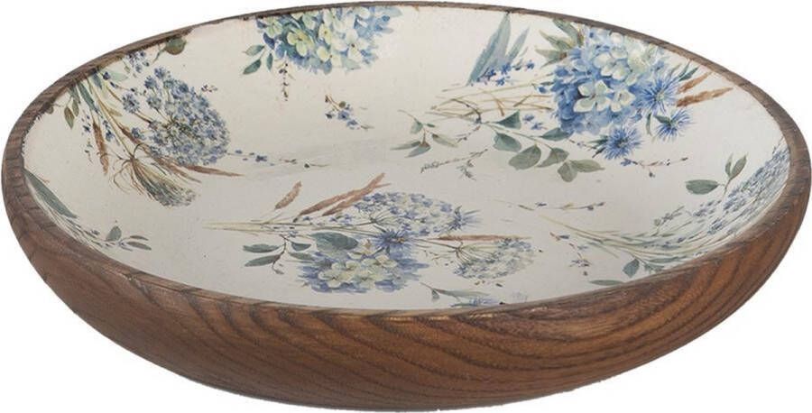 Clayre & Eef Serveerschaal Ø 16x4 cm Wit Blauw Hout Rond Bloemen Presenteerschaal