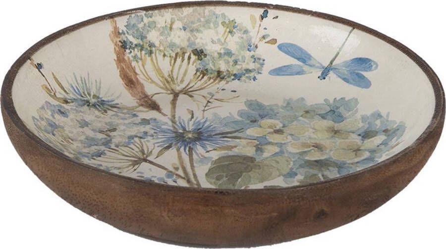 Clayre & Eef Serveerschaal Ø 20x4 cm Wit Blauw Hout Rond Bloemen Presenteerschaal