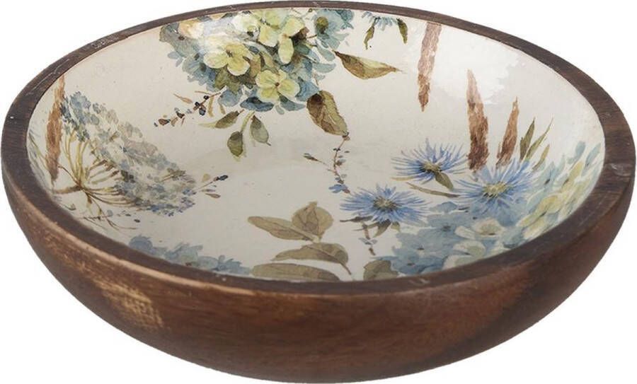Clayre & Eef Serveerschaal Ø 24x4 cm Wit Blauw Hout Rond Bloemen Presenteerschaal