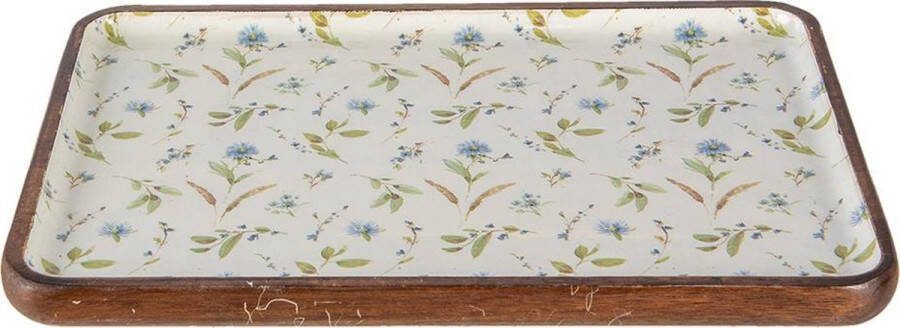Clayre & Eef Serveerschaal 30x20x2 cm Wit Blauw Hout Rechthoek Bloemen Presenteerschaal