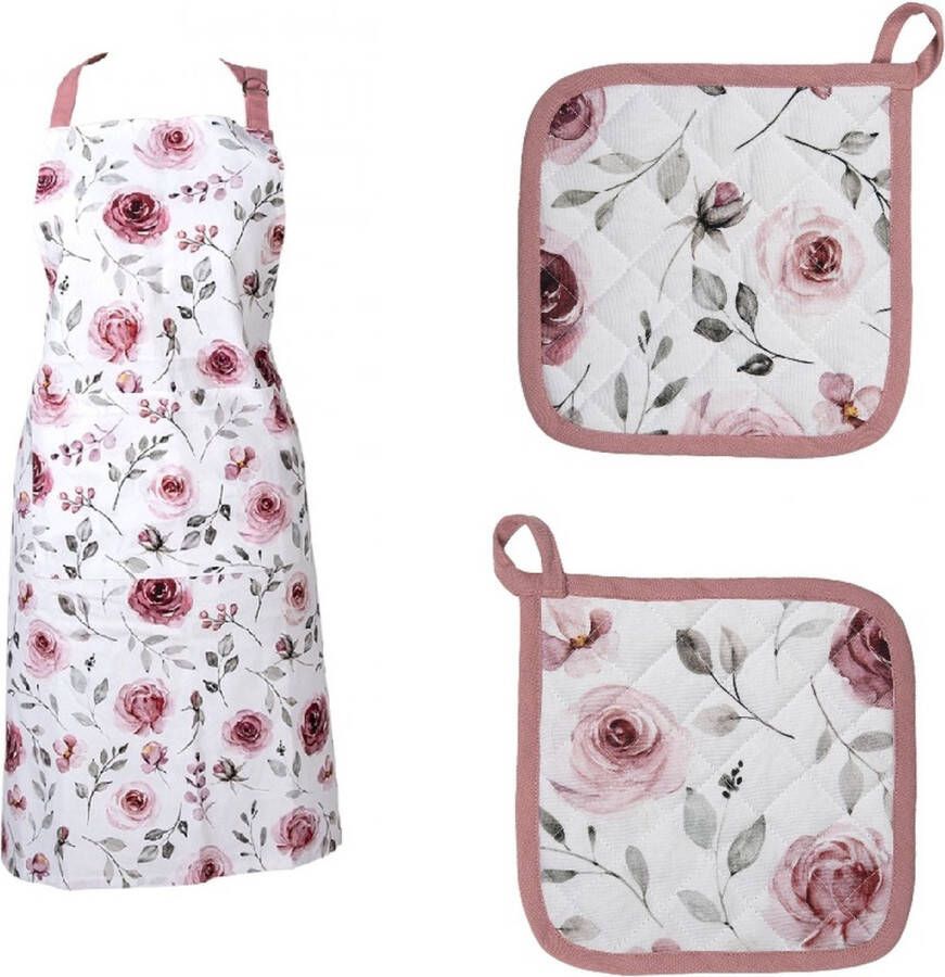 Clayre & Eef Set Keukenschort roze rozen met 2 pannenlappen