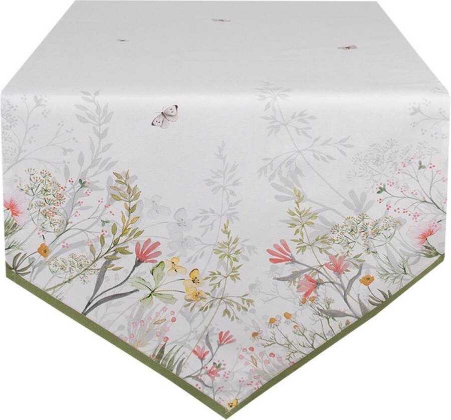 Clayre & Eef Set van 2 x Tafelloper 50x160 cm Wit Katoen Bloemen