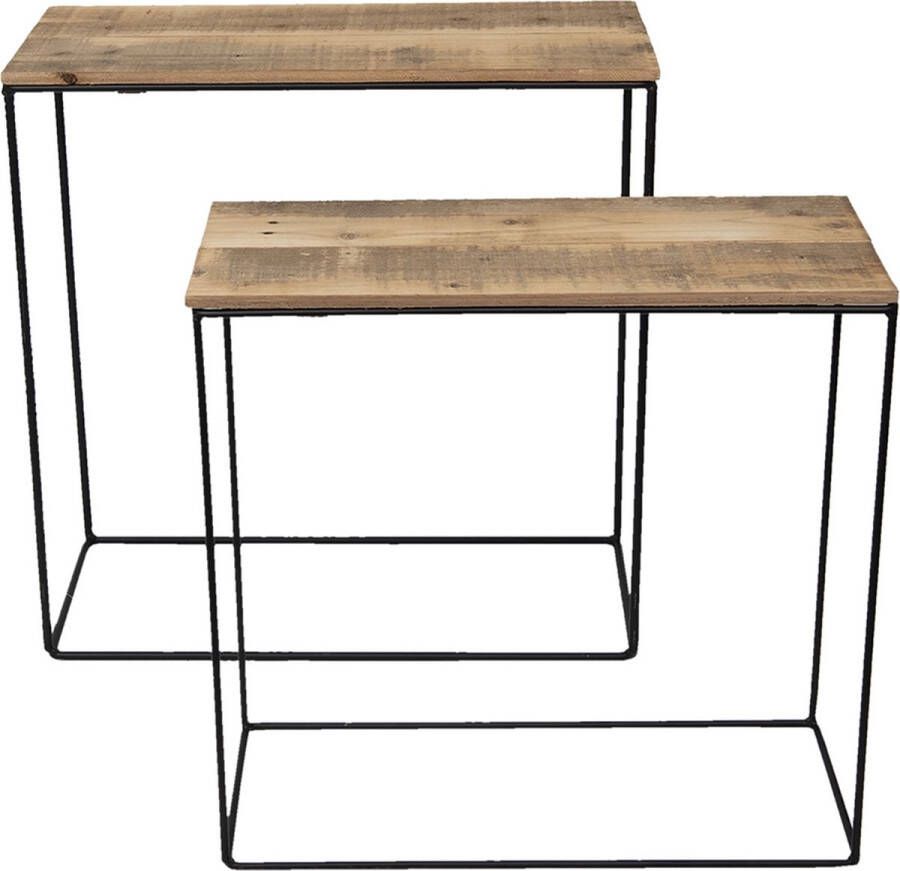 Clayre & Eef Sidetables Set van 2 65 cm en 56 cm Bruin Hout Ijzer Rechthoek Wandtafel