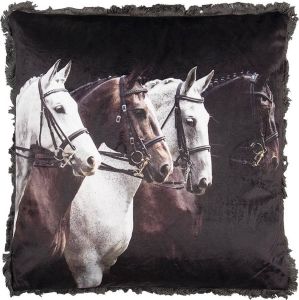 Clayre & Eef Sierkussen 45*45 cm Zwart Wit Synthetisch Paard Vierkant Kussenhoes met Kussenvulling Kussenhoes met Kussenvulling