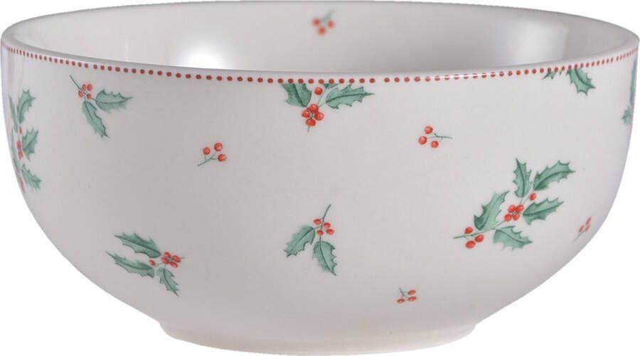 Clayre & Eef Soepkom Ø 14 cm Beige Groen Keramiek Rond Hulstbladeren Serveerkom Beige Serveerkom